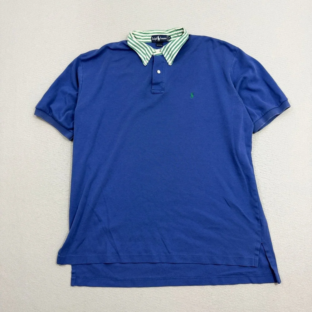 Vintage Ralph Lauren Polo Shirt Mens XL Blue Contrast Striped Collar Pony Preppy